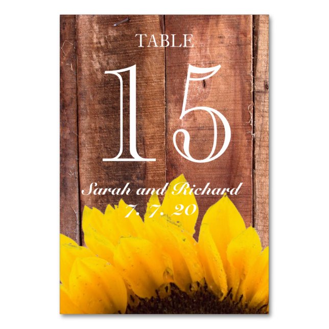 Rustic Sunflower Wedding Table Number Card (Front)