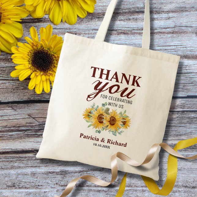 Rustic Sunflower Wedding Thank You Favour Tote Bag (Say a rustic 'Thank You' with our Sunflower Wedding Favor Tote Bags. country wedding welcome bag.)