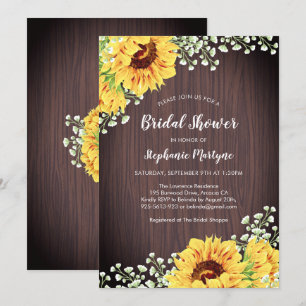 Rustic Sunflower White Floral Wood Bridal Shower Invitation