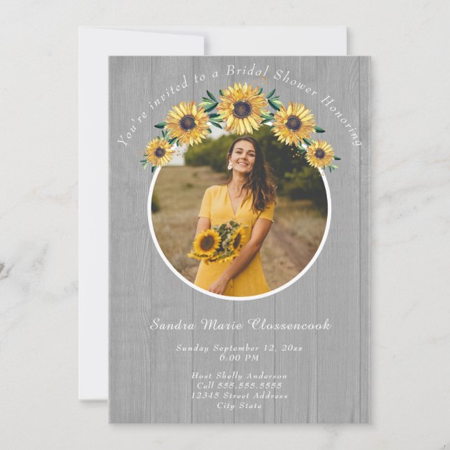 Rustic Sunflower  White Wood Wedding Bridal Shower Invitation (Front)