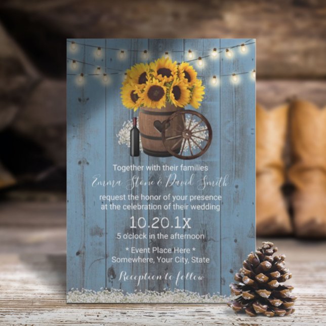 Rustic Sunflower Wine Barrel Dusty Blue Wedding Invitation (Creator Uploaded)