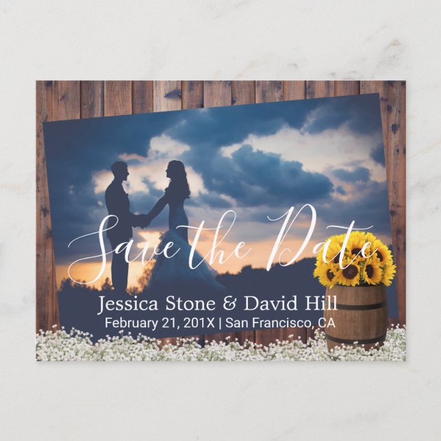 Rustic Sunflower Wine Barrel Wedding Save the Date Announcement Postcard (Front)