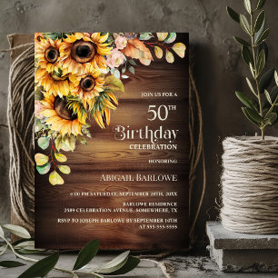Rustic Sunflower Wood 50th Birthday Party Invitation