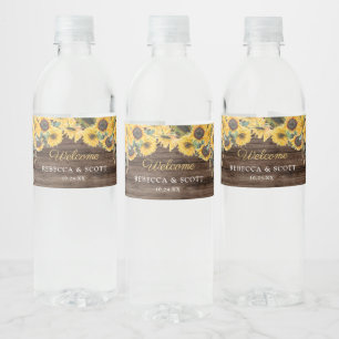 Rustic Sunflower Wood Barn Wedding Welcome Water Bottle Label
