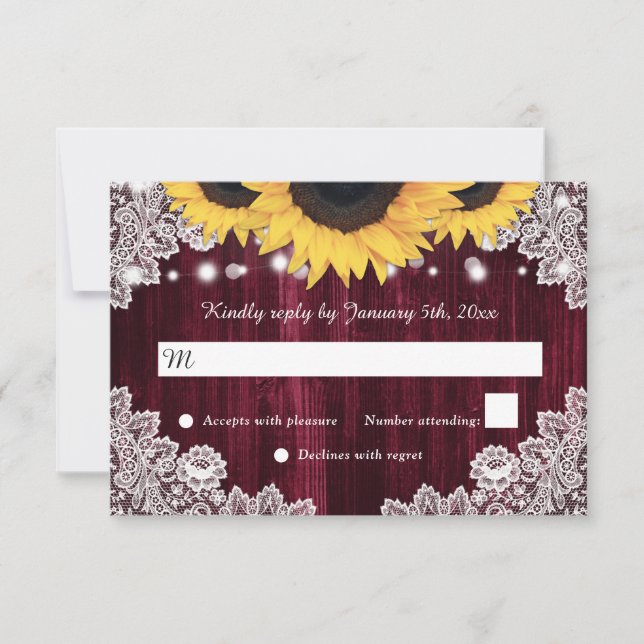 Rustic Sunflower Wood Burgundy Wedding RSVP Card (Front)