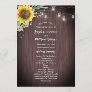 Rustic Sunflower Wood Jar Lights Wedding Program