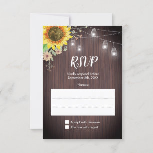 Rustic Sunflower Wood Jar Lights Wedding RSVP Card