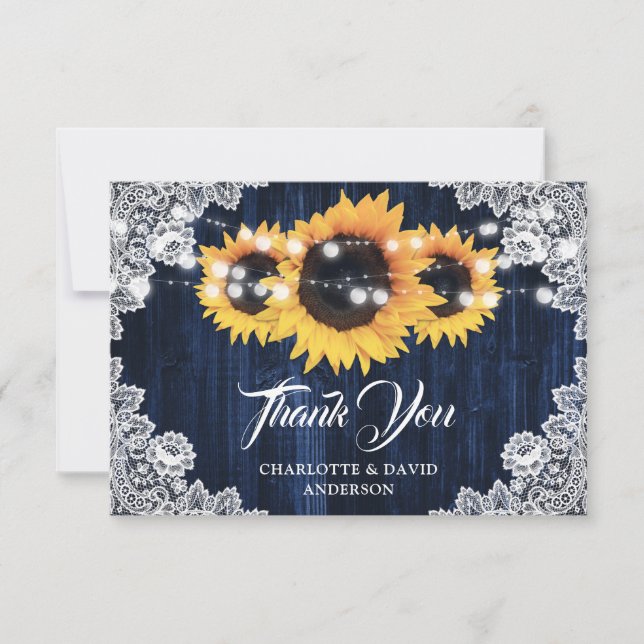 Rustic Sunflower Wood Lace Navy Blue Wedding Thank You Card (Front)