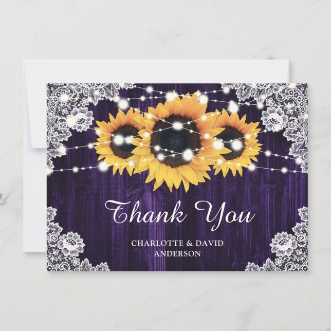 Rustic Sunflower Wood Lace Purple Wedding Thank You Card (Front)