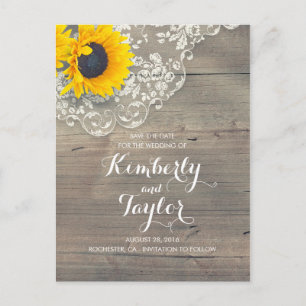 Rustic Sunflower Wood Lace Save the Date Announcement Postcard