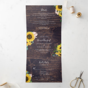 Rustic Sunflower   Wood Photo Wedding All In One Tri-Fold Invitation