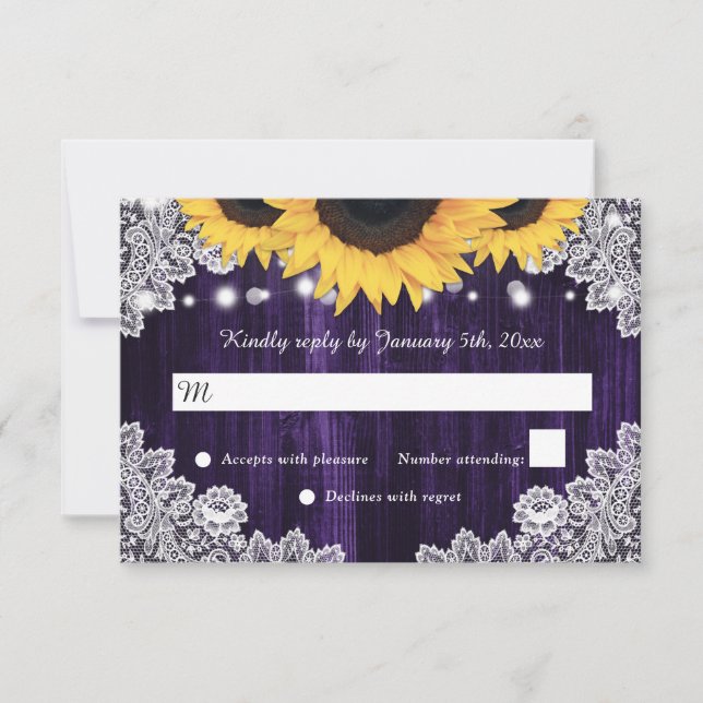 Rustic Sunflower Wood Purple Wedding RSVP Card (Front)
