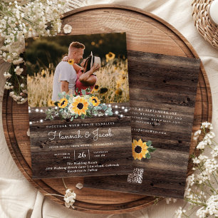Rustic Sunflower Wood QR Code RSVP Wedding Invitation