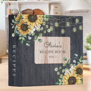 Rustic Sunflower Wood String Light Recipe Cookbook Binder