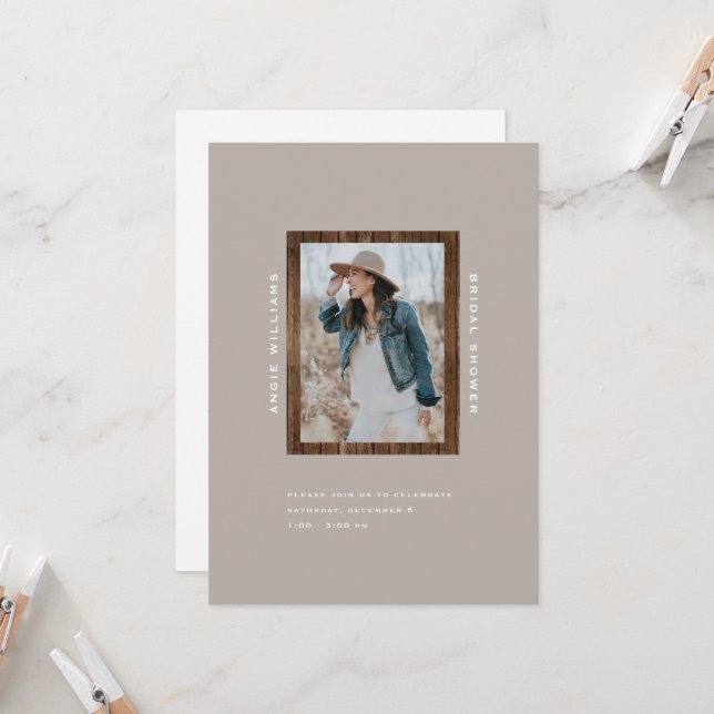 Rustic Sunflower Wood TaupeII Bridal Shower Invitation (Front/Back In Situ)