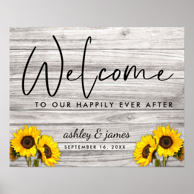 Rustic Sunflower Wood Texture Wedding Welcome Poster (Front)