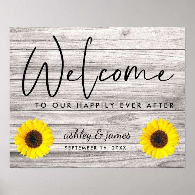 Rustic Sunflower Wood Texture Wedding Welcome Poster (Front)