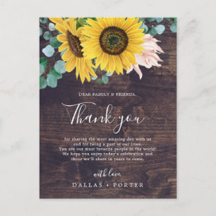 Rustic Sunflower   Wood Thank You Reception Card