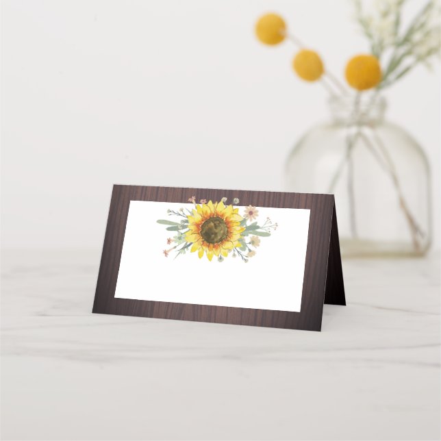 Rustic Sunflower Wood Wedding Place Card (Front)