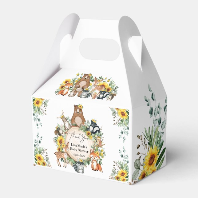 Rustic Sunflower Woodland Animals Baby Birthday Favor Box (Front Side)