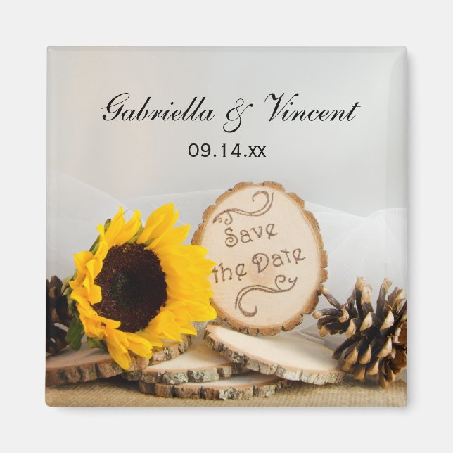 Rustic Sunflower Woodland Wedding Save the Date Magnet (Front)