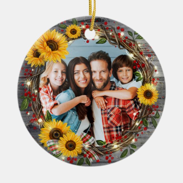 Rustic Sunflower Wreath Family Photo Christmas Ceramic Ornament (Front)
