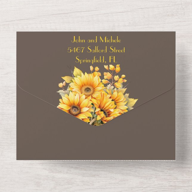 Rustic sunflower, yellow and brown wedding all in one invitation (Back)
