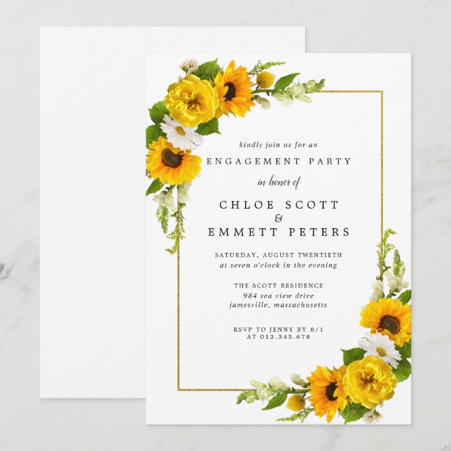 Rustic Sunflower Yellow Floral Engagement Party Invitation (Front/Back)