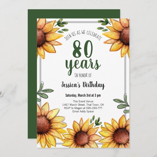 Rustic Sunflowers 80th Birthday Party Invitation (Front/Back)