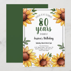 Rustic Sunflowers 80th Birthday Party Invitation