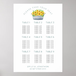 Rustic Sunflowers 9 Tables 90 Guest Seating Chart