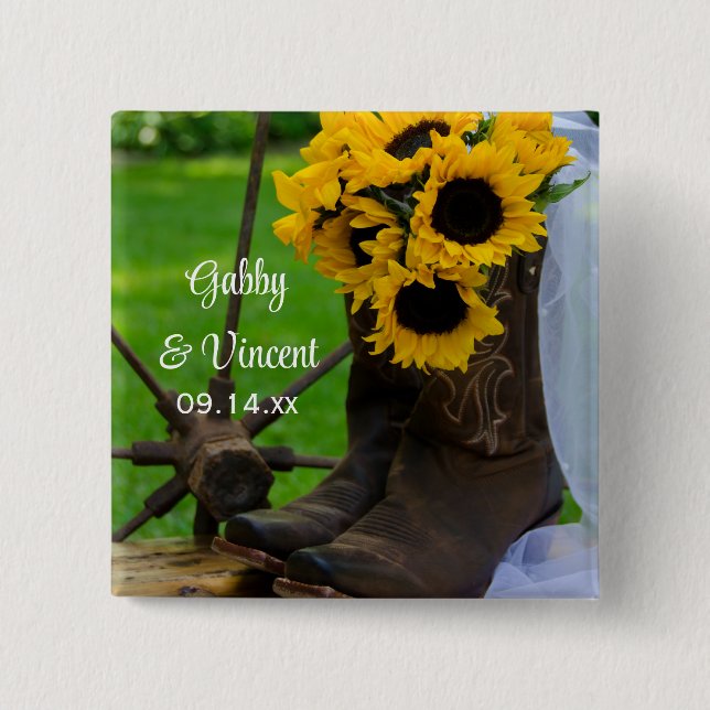 Rustic Sunflowers and Cowboy Boots Country Wedding 2 Inch Square Button (Front)