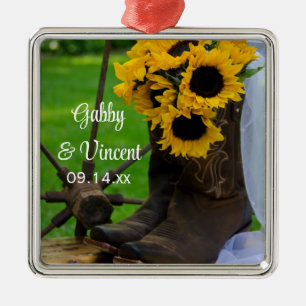 Rustic Sunflowers and Cowboy Boots Country Wedding Metal Ornament