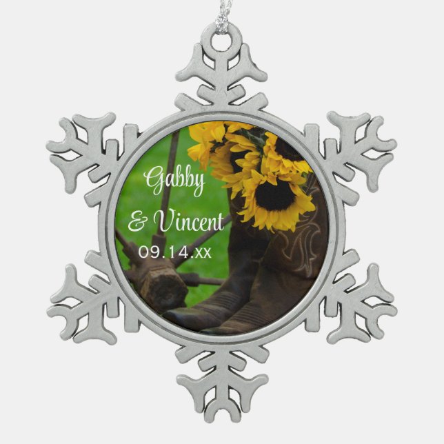 Rustic Sunflowers and Cowboy Boots Western Wedding Snowflake Pewter Christmas Ornament (Front)