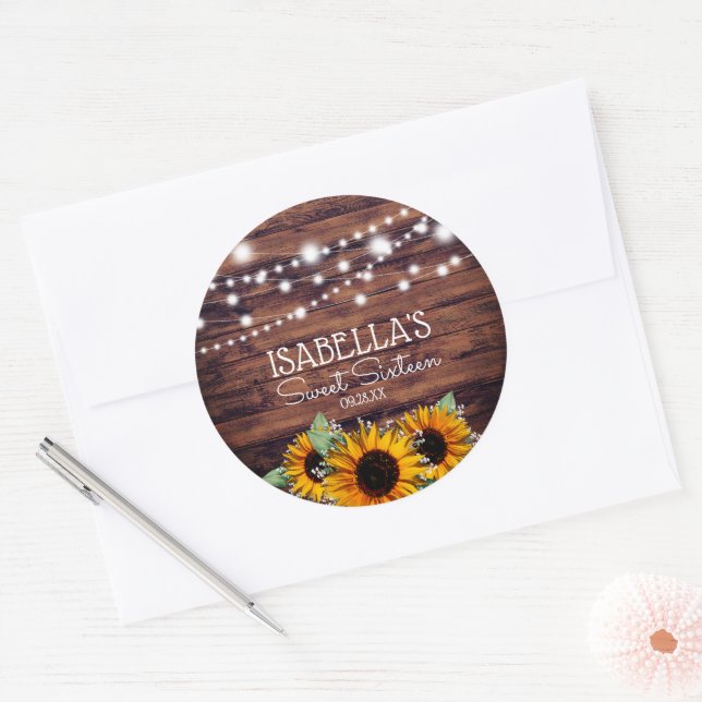 Rustic Sunflowers and Lights Sweet 16 Thank You Classic Round Sticker (Envelope)