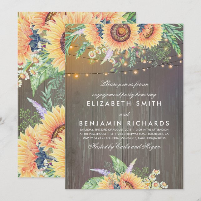 Rustic Sunflowers and Lights Wood Engagement Party Invitation (Front/Back)