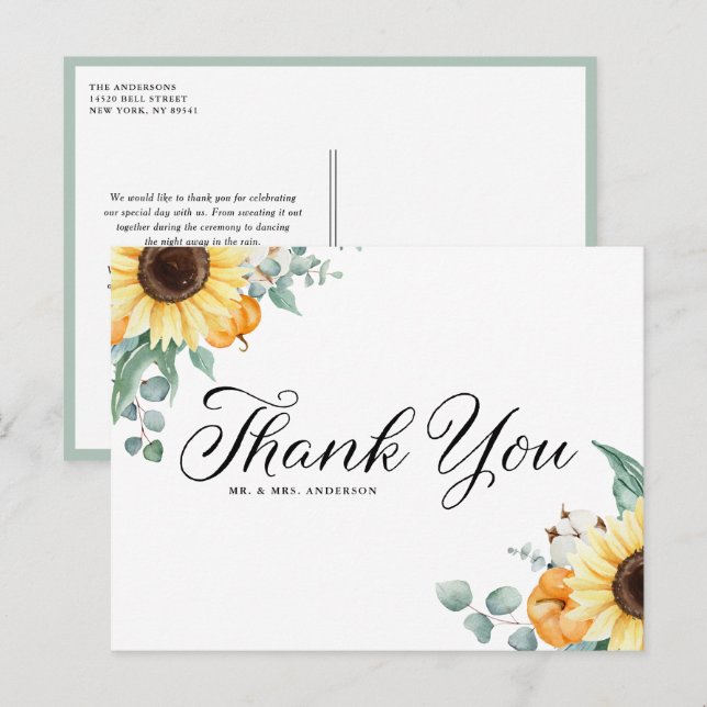 Rustic Sunflowers and Pumpkins Fall Thank You Postcard (Front/Back)