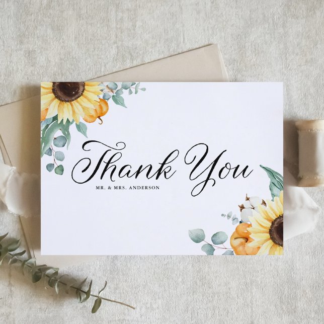 Rustic Sunflowers and Pumpkins Fall Wedding Thank You Card (Creator Uploaded)