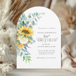 Rustic Sunflowers and Roses Floral 60th Birthday Invitation<br><div class="desc">In charming boho style, this lovely birthday party invitation celebrates a milestone 60th birthday. The age can be personalized for any age! The design features an arch shaped card stock with a carefree bouquet of yellow sunflowers and white roses with trailing eucalyptus greenery cascading along the left side of the...</div>