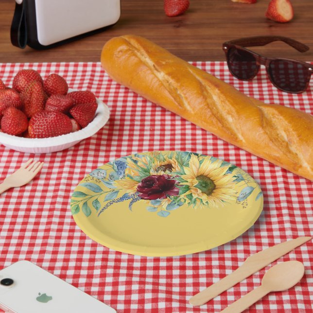 Rustic Sunflowers and Roses Floral Yellow Paper Plate (Picnic)