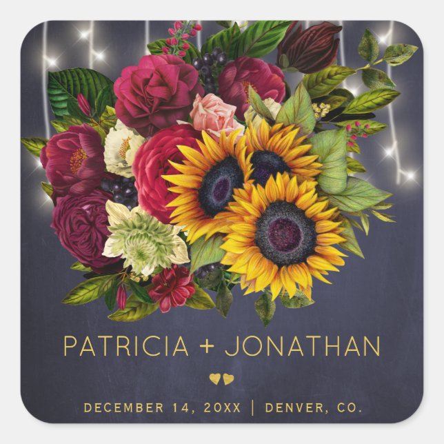 Rustic sunflowers and roses navy burgundy wedding square sticker (Front)