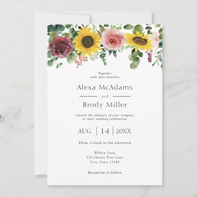 Rustic Sunflowers and Roses Wedding invitation (Front)