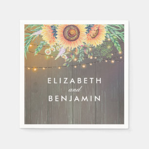 Rustic Sunflowers and String Lights Wood Barn Napkin
