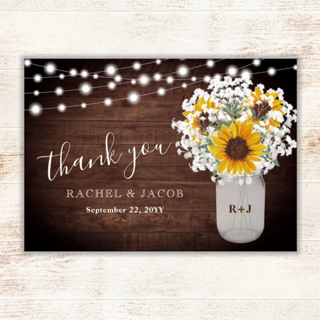 Rustic Sunflowers Baby's Breath Mason Jar Wedding Thank You Card (Creator Uploaded)