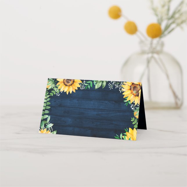 Rustic Sunflowers Baby's Breath Navy Blue Wedding Place Card (Front)