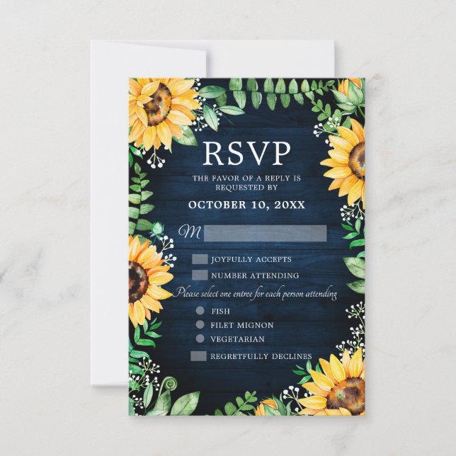 Rustic Sunflowers Baby's Breath Navy Blue Wedding RSVP Card (Front)