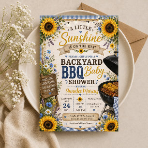 Rustic Sunflowers BBQ Blue Plaid Baby Shower BBQ Invitation