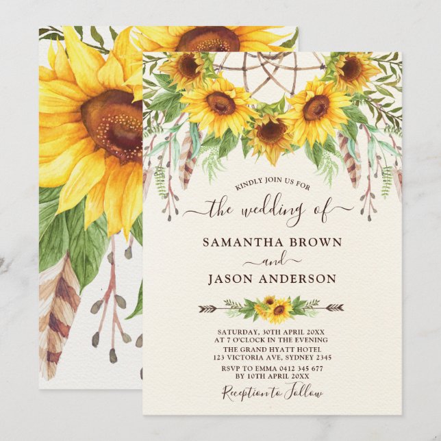 Rustic Sunflowers Boho Dreamctacher Wedding Invitation (Front/Back)