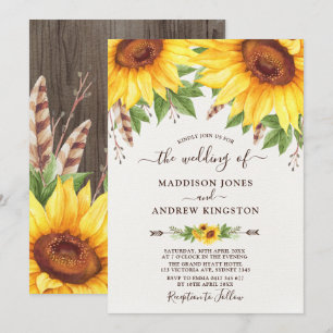 Rustic Sunflowers Boho Watercolor Wedding Invitation