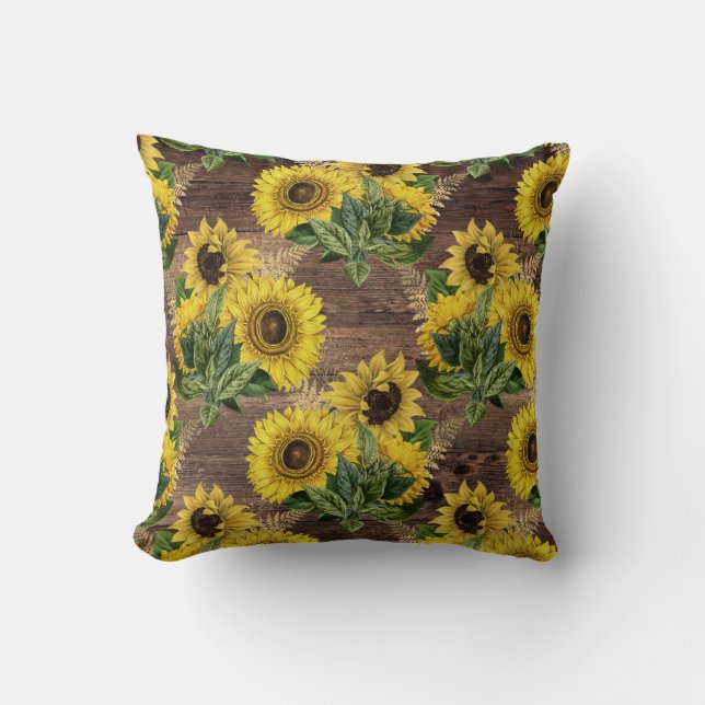 Rustic Sunflowers Bouquet Farmhouse Vintage Brown Throw Pillow (Front)